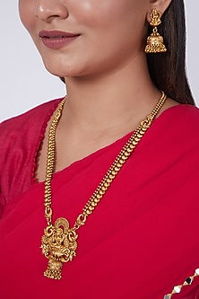 Gold Finish Lakshmi Carved Long Necklace Set