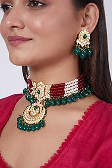 Gold Finish Green Stone Choker Necklace Set