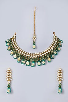 Gold Finish Green Beaded Necklace Set