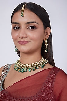 Gold Finish Green Beaded Necklace Set