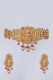 Gold Finish Lakshmi Carved Choker Necklace Set