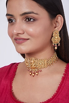 Gold Finish Lakshmi Carved Choker Necklace Set