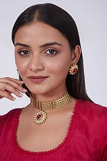 Gold Finish Kundan Polki Choker Necklace Set