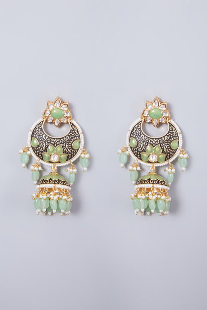 Gold Finish Light Green Stone Earrings