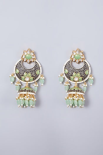 Gold Finish Light Green Stone Earrings