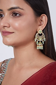 Gold Finish Light Green Stone Earrings