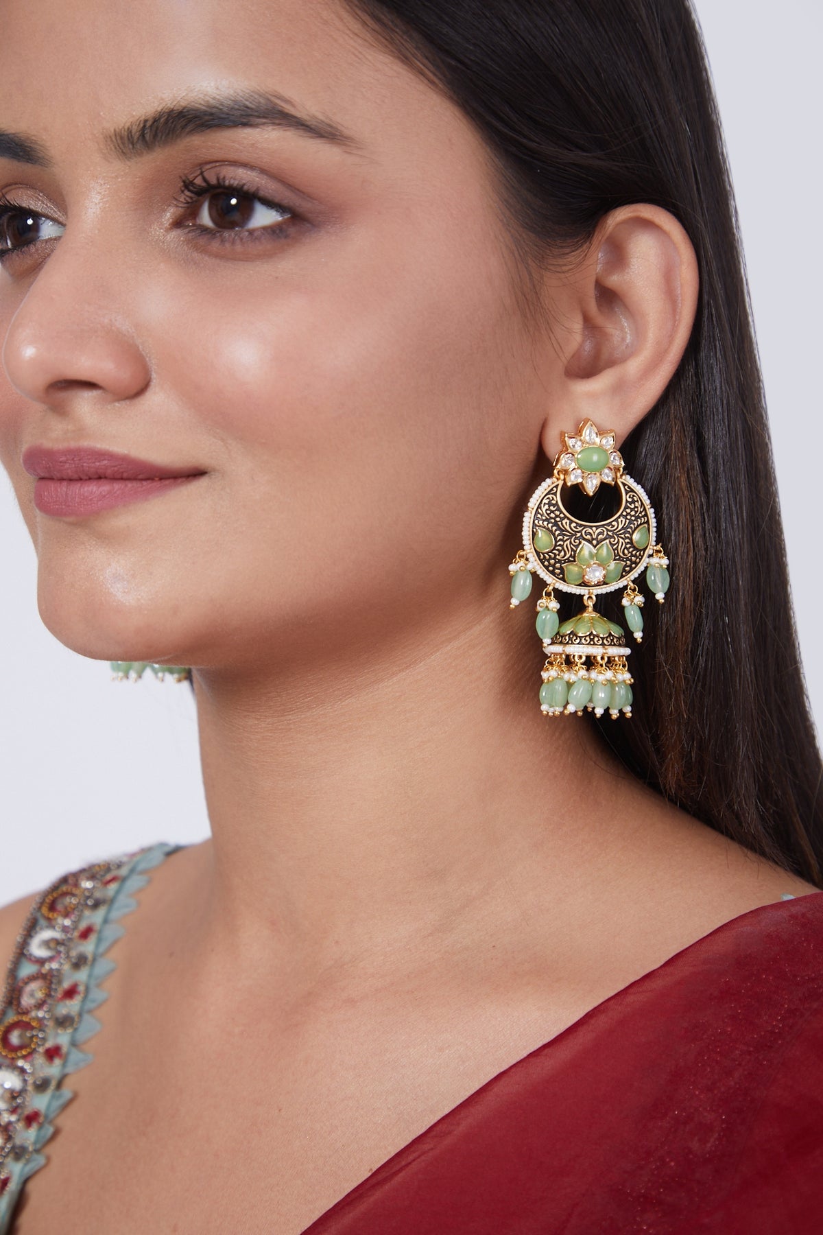 Gold Finish Light Green Stone Earrings