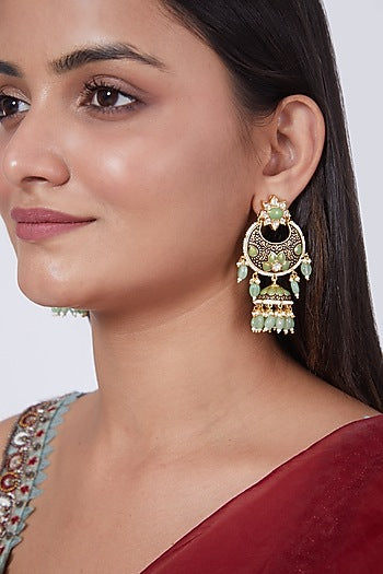 Gold Finish Light Green Stone Earrings