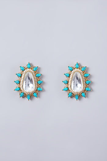 Gold Finish Turquoise Stone Stud Earrings