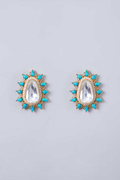 Gold Finish Turquoise Stone Stud Earrings