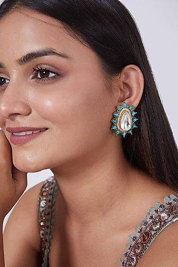 Gold Finish Turquoise Stone Stud Earrings