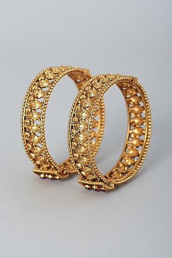 Gold Finish Temple Bangles With Ruby Stones