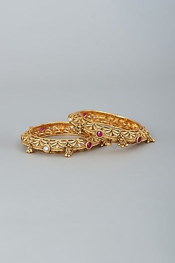 Gold Finish White & Red Stones Temple Bangles