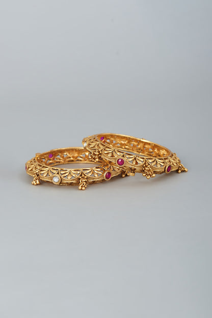 Gold Finish White & Red Stones Temple Bangles