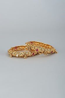 Gold Finish White & Red Stones Temple Bangles