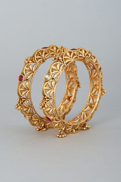 Gold Finish White & Red Stones Temple Bangles