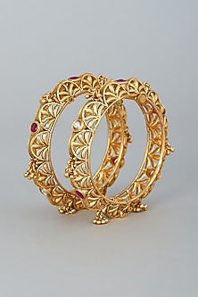 Gold Finish White & Red Stones Temple Bangles