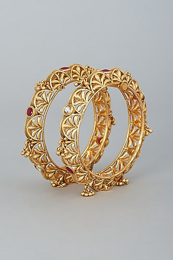 Gold Finish White & Red Stones Temple Bangles