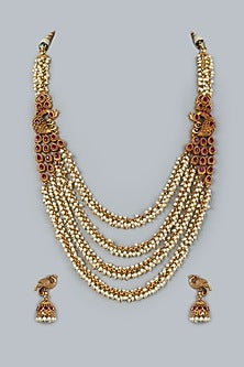 Gold Finish Shell Pearl Long Necklace Set