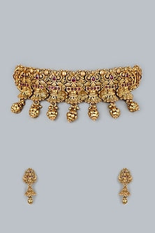 Gold Finish Temple Necklace Set In Brass