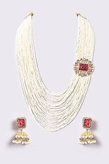 Gold Finish Kundan Polki & Beaded Long Necklace Set