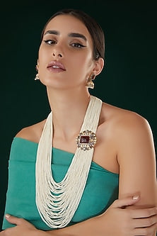 Gold Finish Kundan Polki & Beaded Long Necklace Set