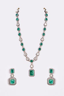 White Finish Kundan Polki & Emerald Stone Long Necklace Set