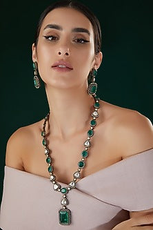 White Finish Kundan Polki & Emerald Stone Long Necklace Set