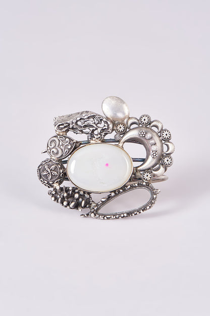 Silver Oxidized Finish White Stone Carved Bracelet