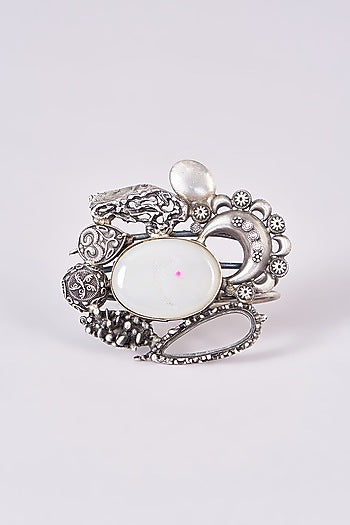 Silver Oxidized Finish White Stone Carved Bracelet