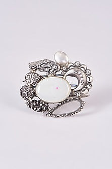 Silver Oxidized Finish White Stone Carved Bracelet
