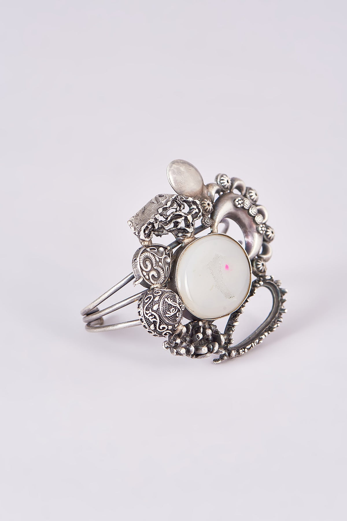 Silver Oxidized Finish White Stone Carved Bracelet