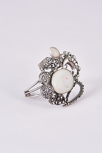 Silver Oxidized Finish White Stone Carved Bracelet