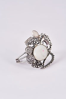 Silver Oxidized Finish White Stone Carved Bracelet