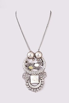 Silver Oxidized Finish Mother Of Pearl Long Necklace