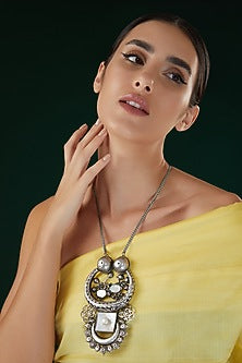 Silver Oxidized Finish Mother Of Pearl Long Necklace