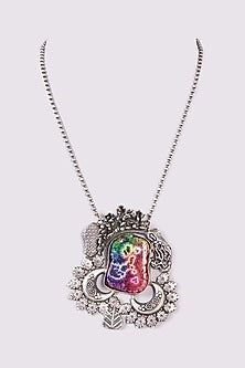 Silver Oxidized Finish Multi-Colored Stone Long Necklace