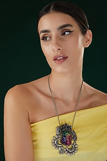 Silver Oxidized Finish Multi-Colored Stone Long Necklace