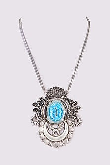 Silver Oxidized Finish Blue Stone Long Necklace