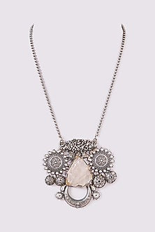 Silver Oxidized Finish Translucent Stone Long Necklace