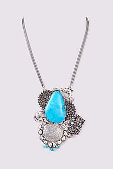 Silver Oxidized Finish Turquoise Stone Long Necklace