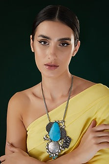 Silver Oxidized Finish Turquoise Stone Long Necklace