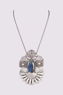 Silver Oxidized Finish Dark Grey Stone Long Necklace