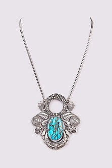 Silver Oxidized Finish Blue Stone Long Necklace