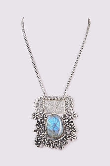 Silver Oxidized Finish Light Grey Stone Long Necklace