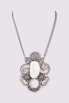 Silver Oxidized Finish White Stone Long Necklace