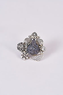 Silver Oxidized Finish Grey Stone Ring