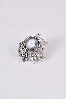 Silver Oxidized Finish Grey & White Stone Ring