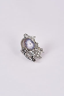 Silver Oxidized Finish Grey & White Stone Ring