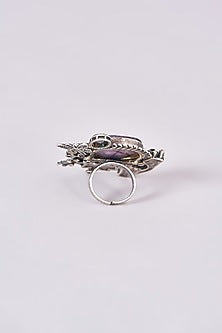 Silver Oxidized Finish Grey & White Stone Ring
